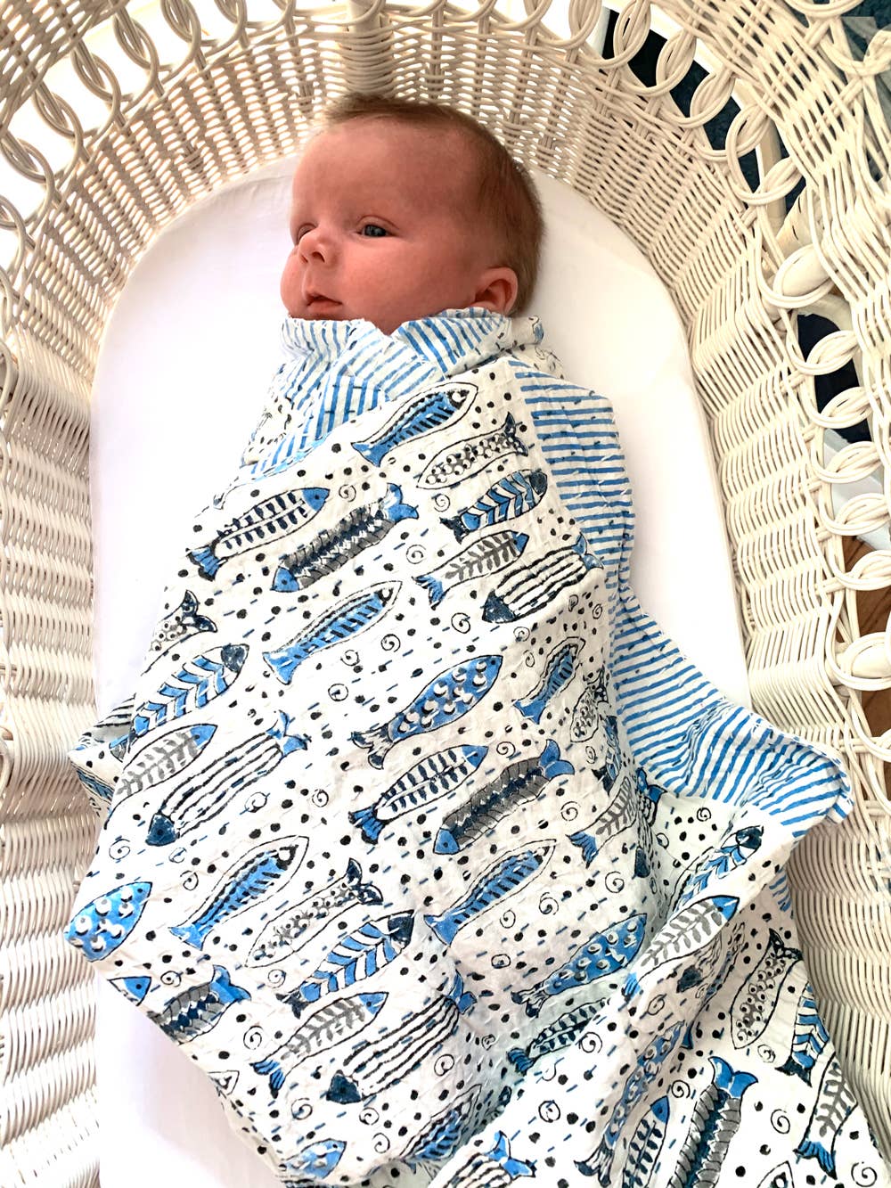 Mira Fair Trade - Wholesale Bedding Blanket - Kids & Baby - Baby Block Printed Kantha Blanket - Fish Print1