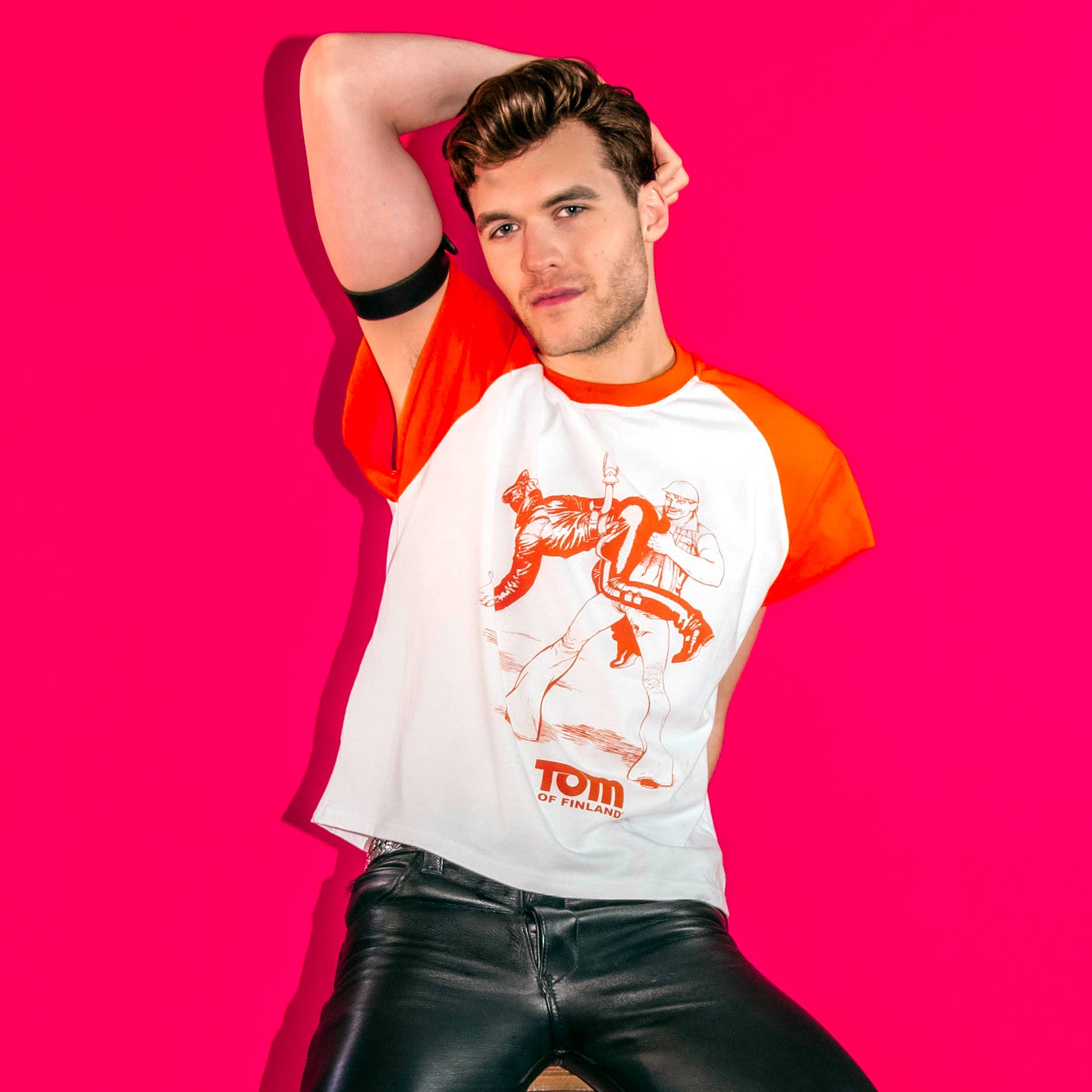 Peachy Kings / Kweer Cards - Wholesale Screen Printed T-Shirt - Men's - Tom of Finland "HOOK-UP" T-shirt (Raglan, ringer)2