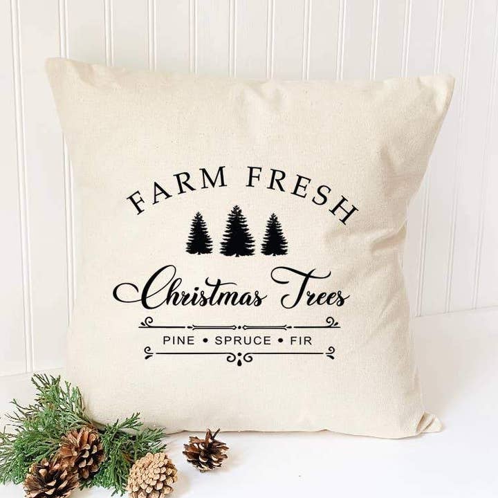Farm Fresh Christmas Trees - Cuscino quadrato in tela per la vendita all'ingrosso da parte di Indigo Tangerine