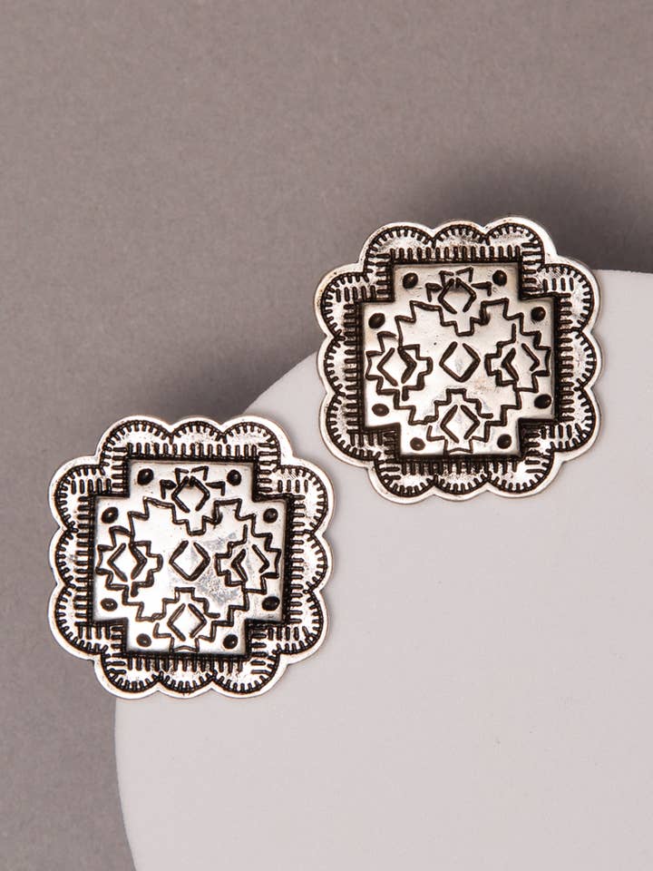 Western Aztec Pictograph Etched Scallop Concho Earrings for wholesale by SP Sophia Collection