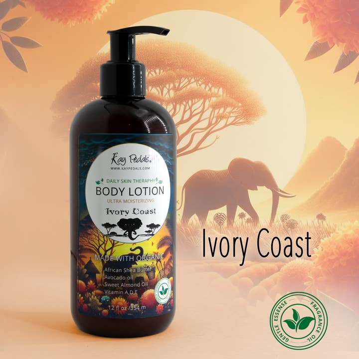 Lotion pour le corps naturelle de Côte d'Ivoire fabriquée avec de l'huile parfumée pour peaux sensibles | Beurre de karité africain non raffiné biologique | Huile d'amande douce biologique | Huile d'avocat biologique pour la vente par Kay Pedals