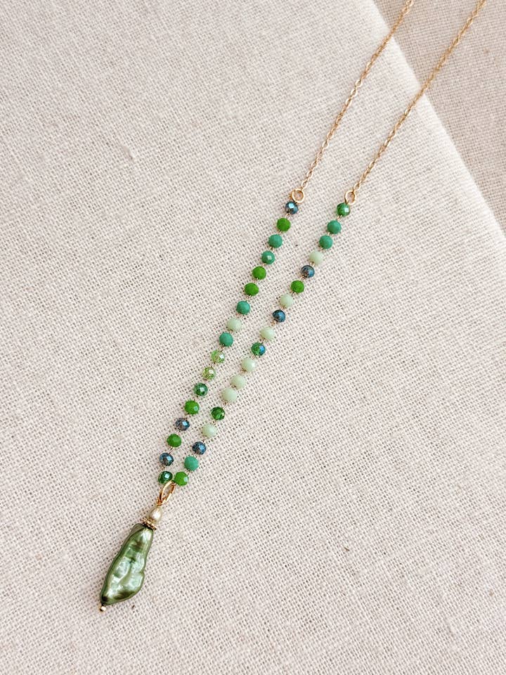 Gold Green Crystal Chain Keshi Pearl Pendant Short Necklace for wholesale by Gracie Rose Designs