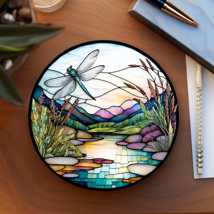 Fernville Creations - Wholesale Coasters - Dragonfly Ceramic Coaster, Stained Glass Image