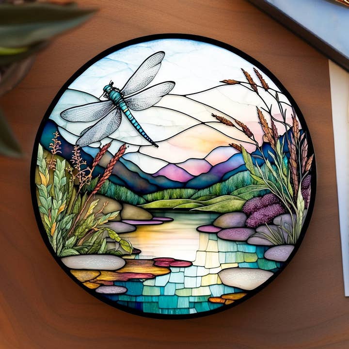 Dessous de verre en céramique Libellule, Image en vitrail pour la vente par Fernville Creations