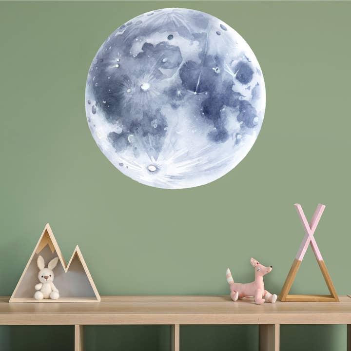 Autocollant mural Lune bleue grise, Décalcomanie murale aquarelle Pleine Lune, Autocollants muraux pour enfants, Décoration spatiale pour chambre d'enfant, Fresque murale de la planète Lune pour chambre de bébé pour la vente par Decals Online