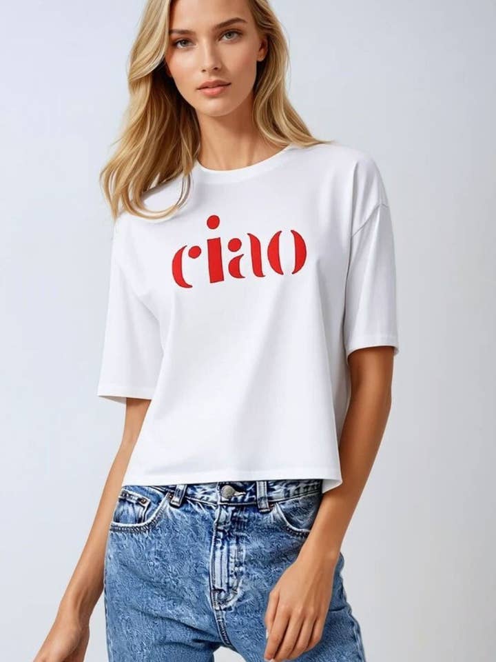 WHITE Cotton t-shirt made in Italy with Ciao logo in red for wholesale on Faire