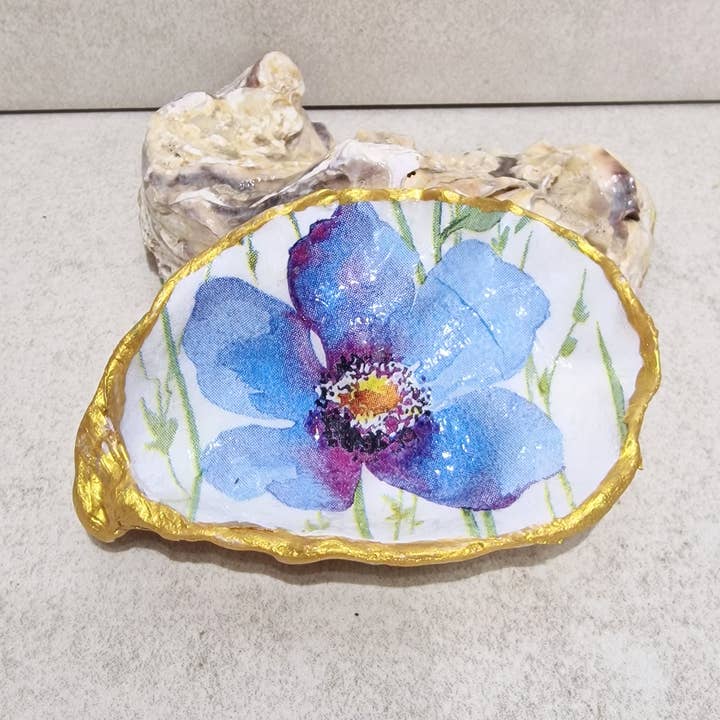 Blue Poppy Flower Small Oyster Shell Trinket Dish for wholesale by Bee my Oyster