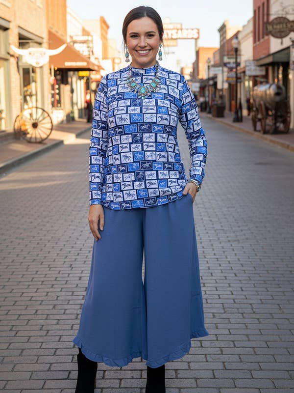 Blue Horse Stamp mesh long sleeve women top XCH16584 for wholesale by luluclothes