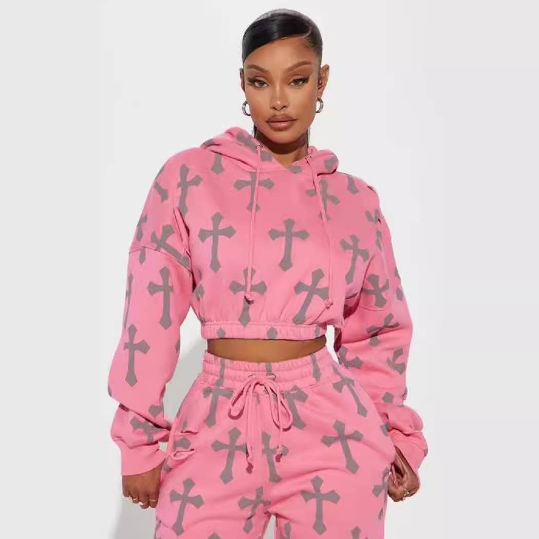 Women's Peach Pink Cross Print Sweatshirt and Pants Set for wholesale on Faire3