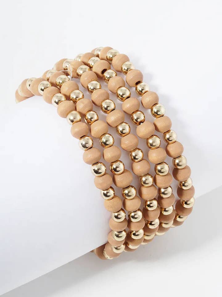 Set Of 5 Wood Beads Stackable Stretch Bracelet for wholesale by Wild Honey
