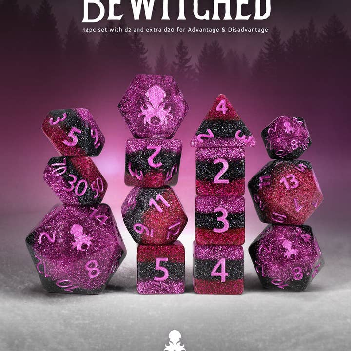Bewitched 14pc Dice Set Inked in Pink for wholesale by Kraken Dice