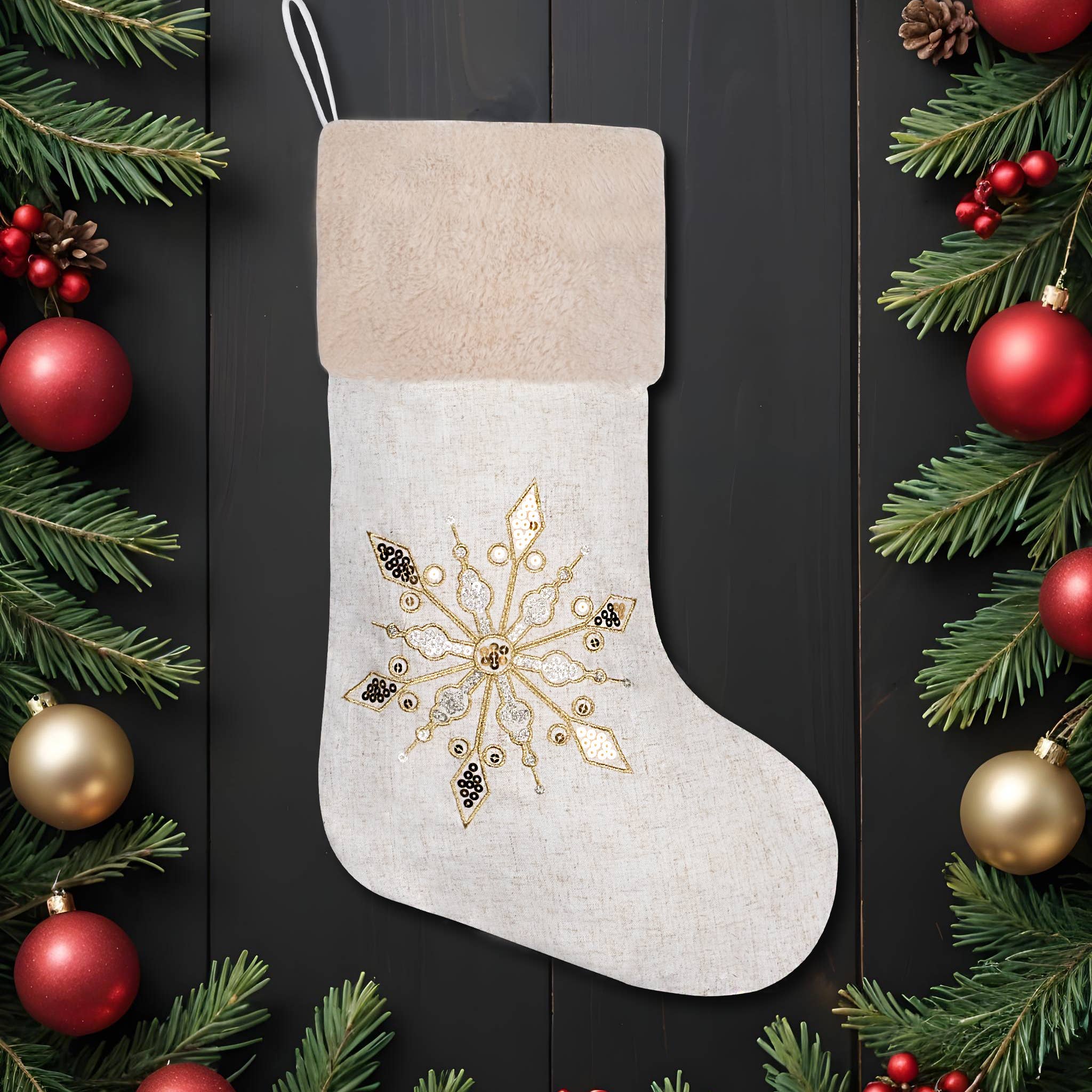 GEXWORLDWIDE – wholesale Holiday Stocking – Linen Sequin Embroidered Christmas Stockings
2
