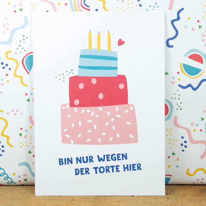 Postcard "Only here for the cake" made from recycled paper for wholesale by Bow & Hummingbird