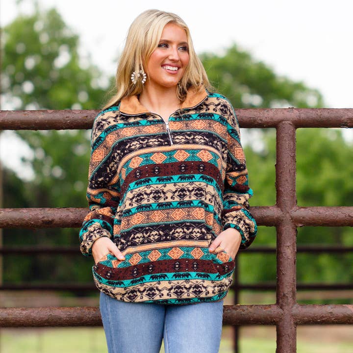 Abstract Print Sherpa with Pockets for wholesale by Your Fashion Wholesale