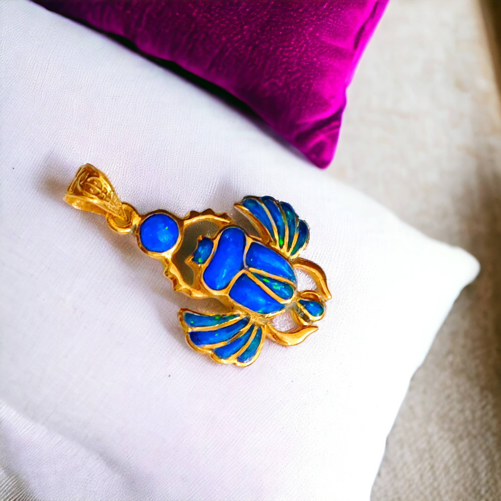 ALADDIN'S LAMP JEWELRY - Wholesale Individual Charm/Pendant - Gold Winged Royal Scarab Of Regeneration Blue Opal Pendant