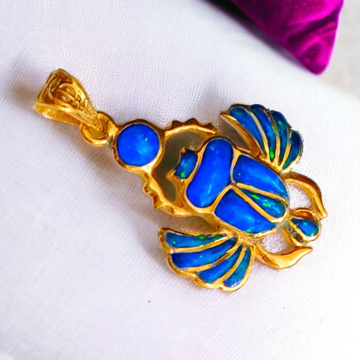 Gold Winged Royal Scarab Of Regeneration Blue Opal Pendant for wholesale by ALADDIN'S LAMP JEWELRY