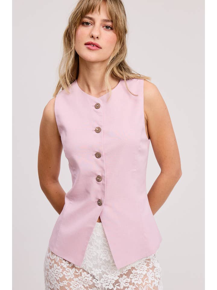 Mimosa - Wholesale Outerwear Vest - Women's - Button Down Sleeveless Round Neck Waistcoat Vest