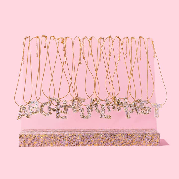 *ON SALE* 32 Letter Necklaces w/ Display - Pearl Confetti for wholesale by Taylor Elliott Designs