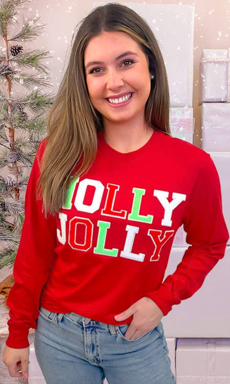 Sugar Stitch - Wholesale T-Shirt - Women's - Soft Chenille Holly Jolly Graphic Long Sleeve T-Shirt1