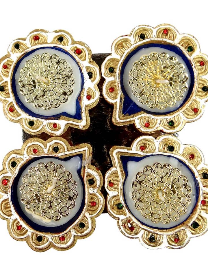 Designer Diya Set of 4 With Wax Gold Flower for wholesale by Ancientveda