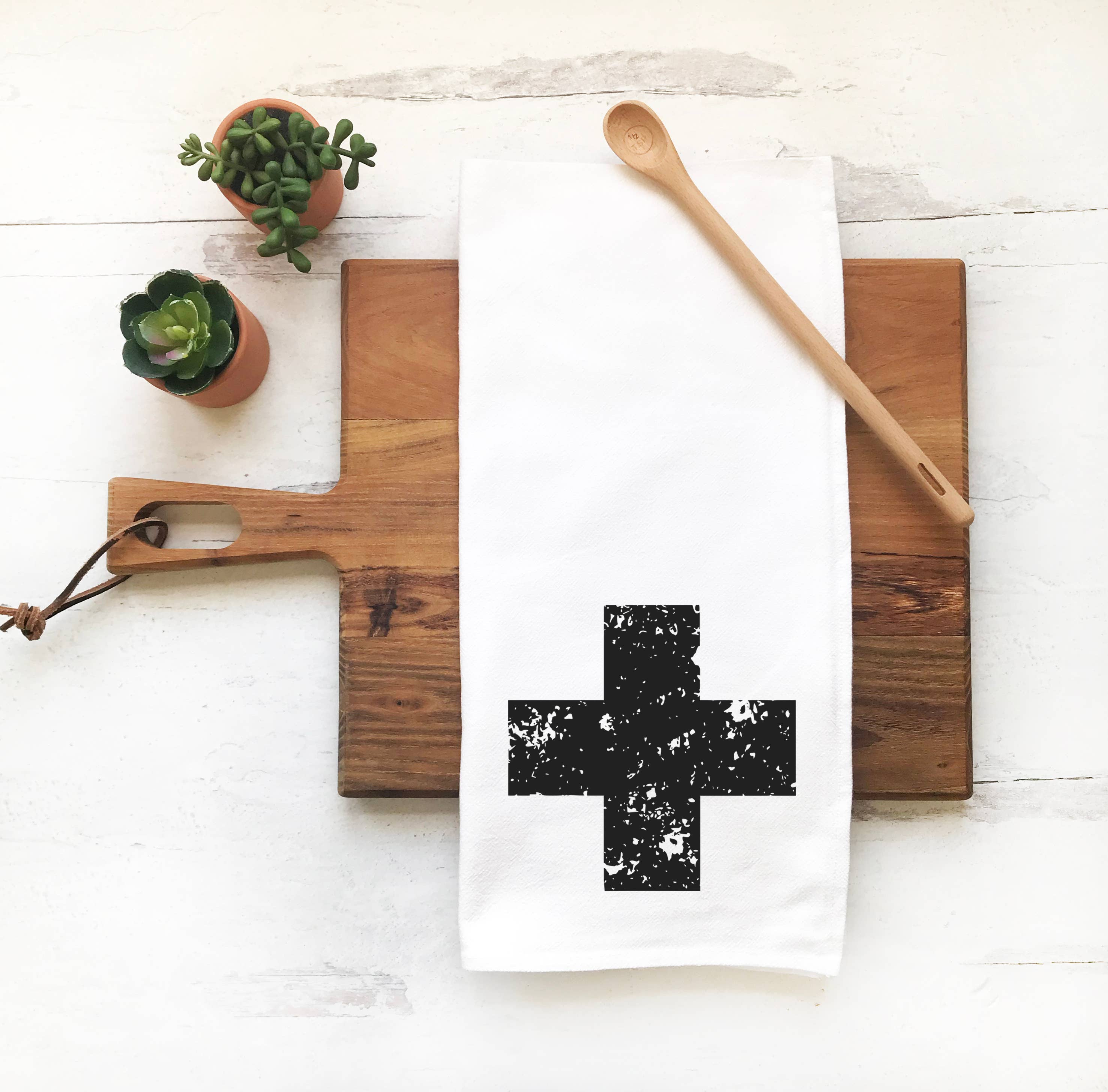 Perfect Day Print Co - Wholesale Tea Towel - Distressed Swiss Cross Tea Towel, Black & White Dish Cloth3