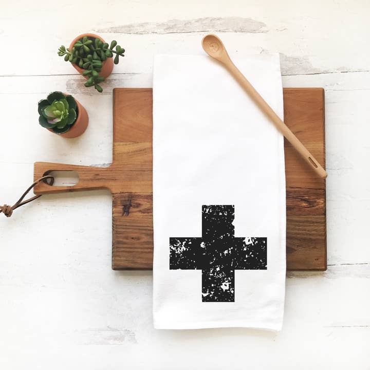 Perfect Day Print Co - Wholesale Tea Towel - Distressed Swiss Cross Tea Towel, Black & White Dish Cloth3