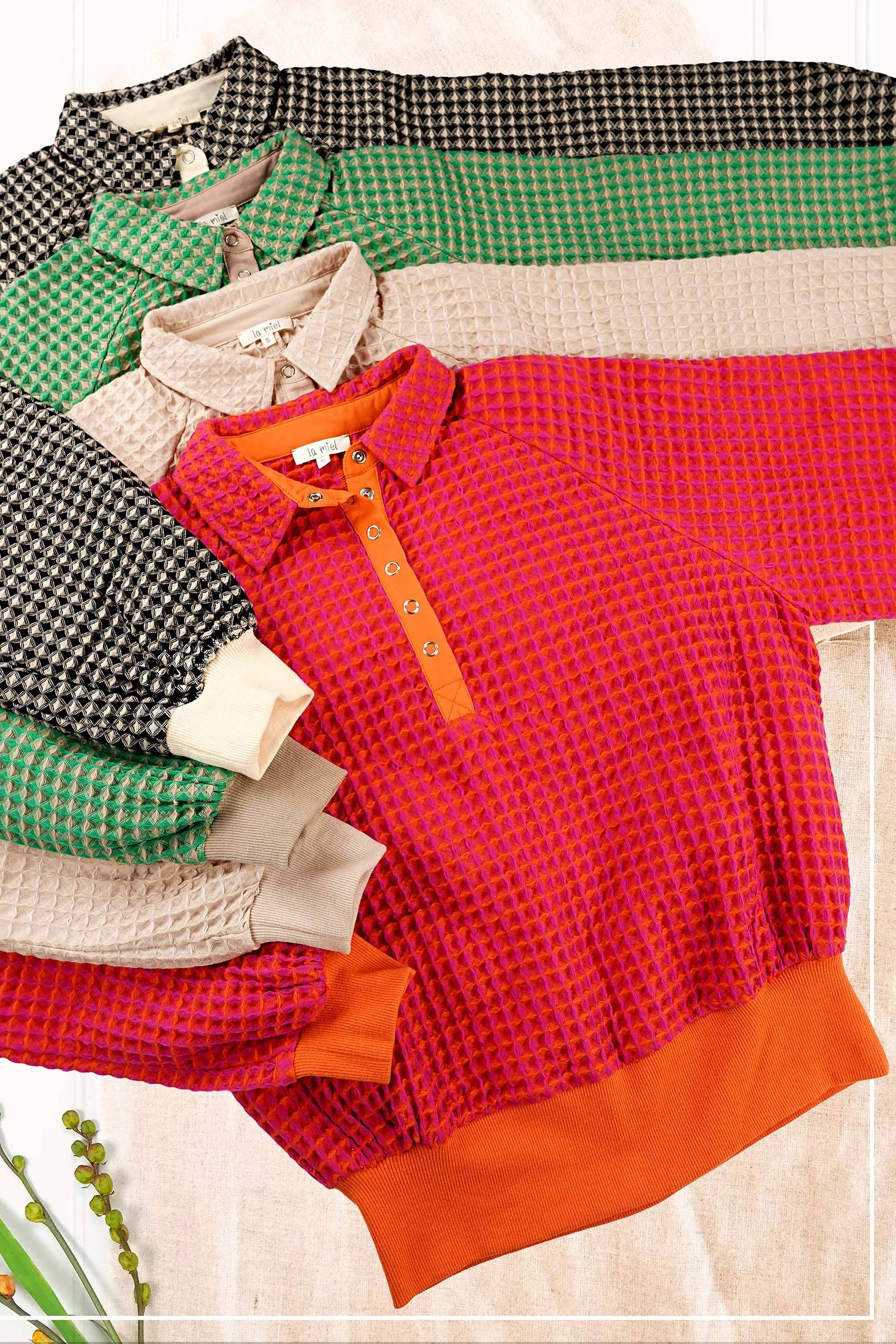 La Miel - Wholesale Sweatshirt - Women's - HCS3576-Unique Two Tone Textured Snap Button Front Top15