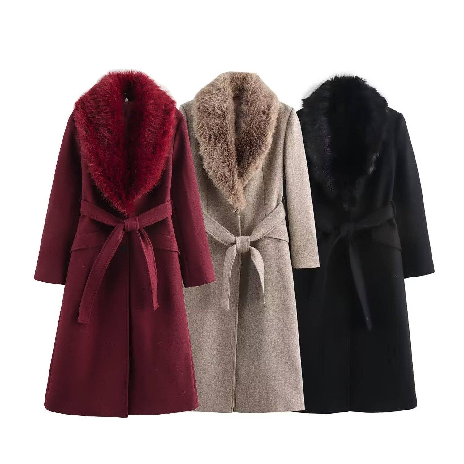 Marayn – wholesale Fur/faux fur coat – Women's – Chic Faux Fur Collar Belted Wool Coat 2025 Spring1