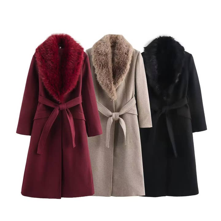 Marayn – wholesale Fur/faux fur coat – Women's – Chic Faux Fur Collar Belted Wool Coat 2025 Spring1