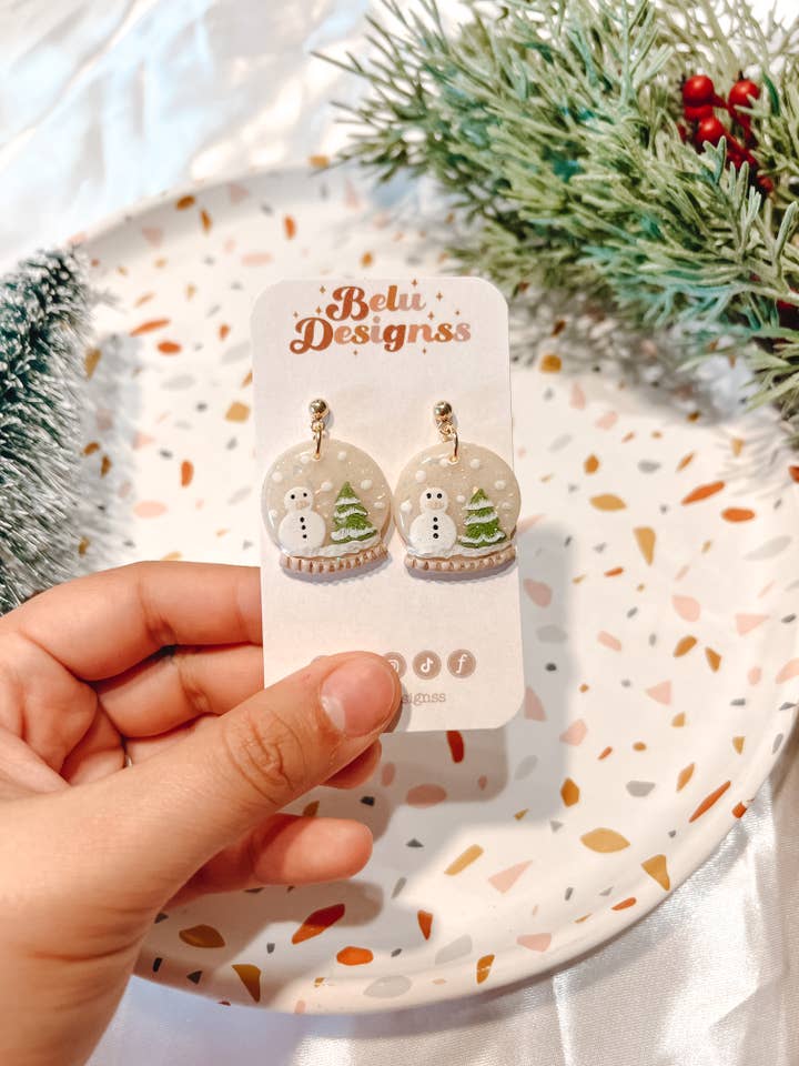 Snowman Snowglobe Christmas Polymer Clay Earrings for wholesale by Belu Designss