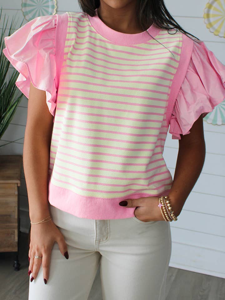 Summer Plaid/Stripe Ruffle Short Sleeve Patchwork T Shirt for wholesale by fashionworks