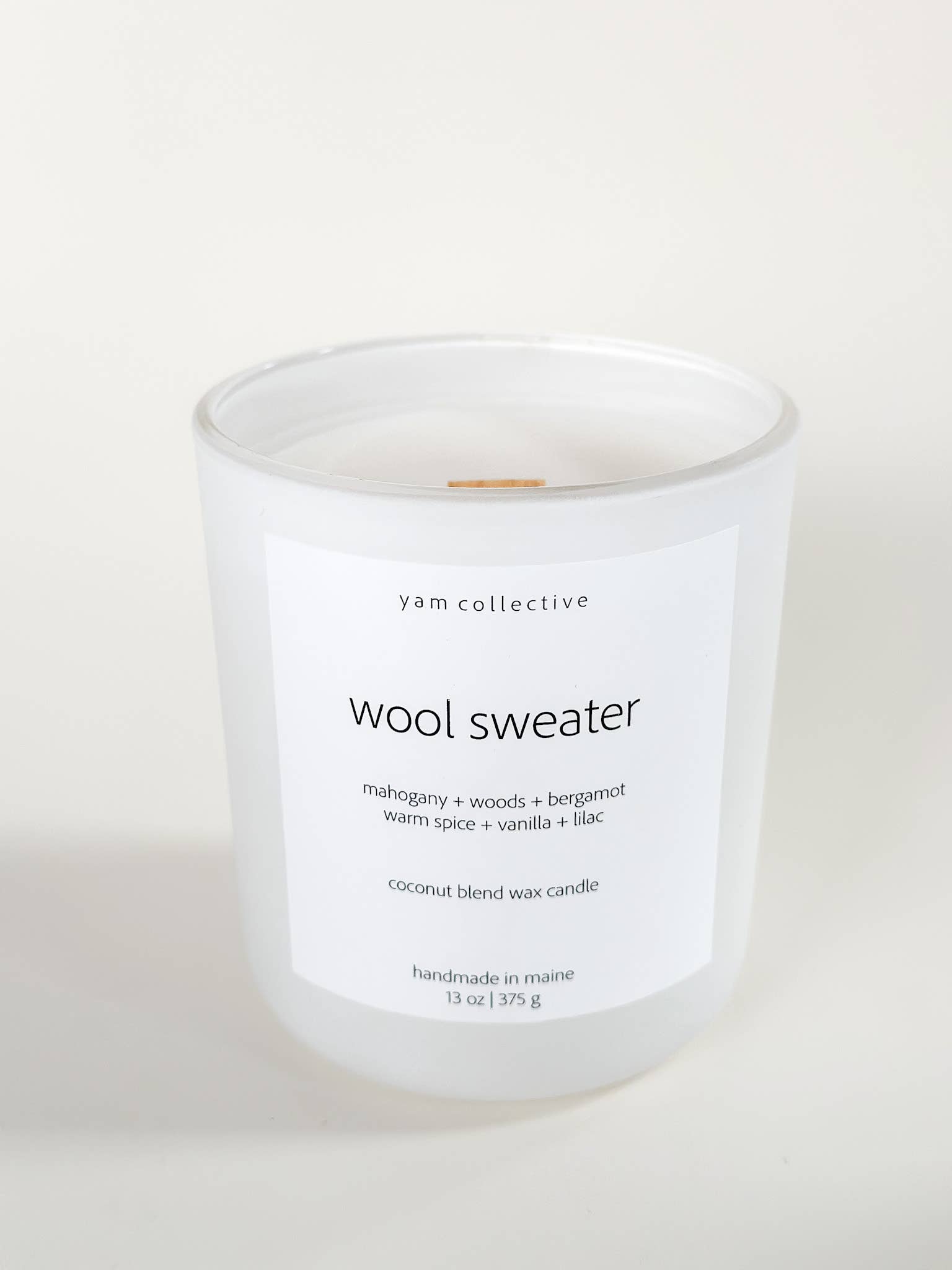 yam collective - Vente Bougie en bocal - Pull en laine - Bougie en verre blanc mat acajou & lilas 13oz0