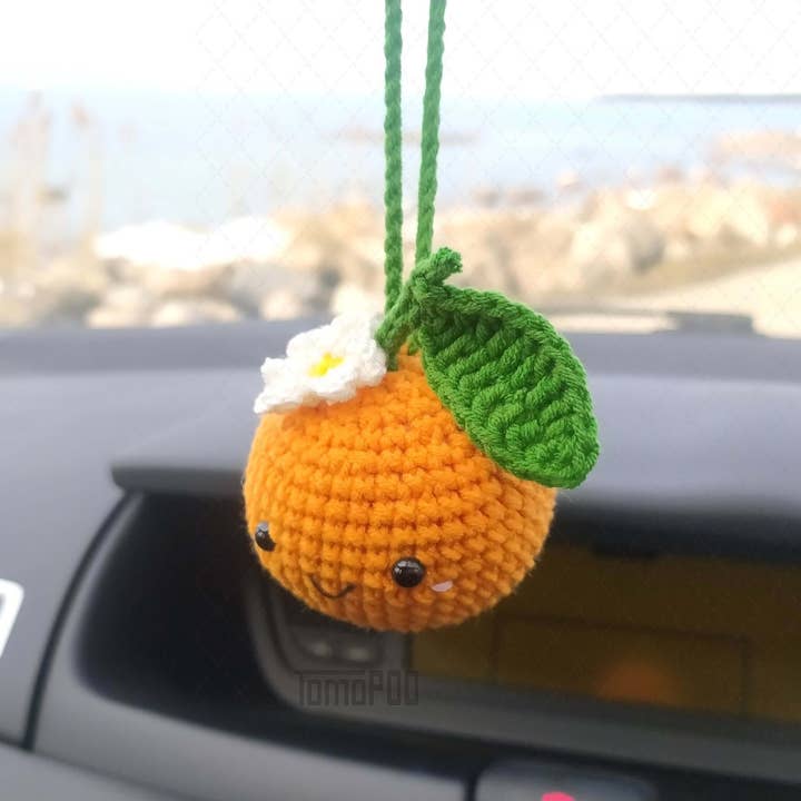 Crochet Orange Car Mirror Hanging Charm, Fruit Car Accessory for wholesale by TOMOPOD LLC