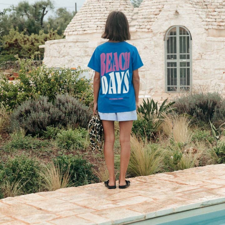 Beach Days Boxy Tee | Med. Denim Blue for wholesale by Colourful Rebel