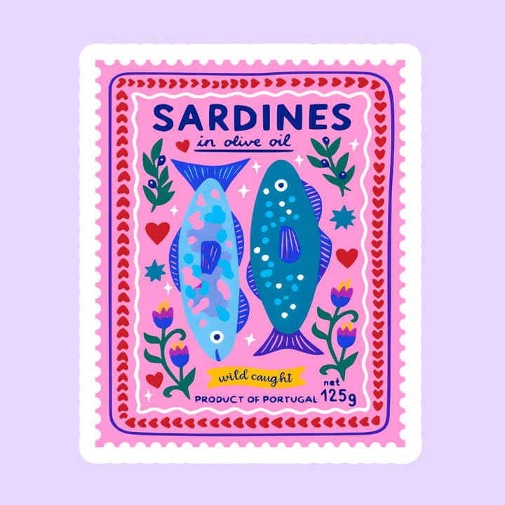 Kawaii Sardinenbüchse Fisch Aufkleber in Stanzform für den Großhandel von The Sticker Lab