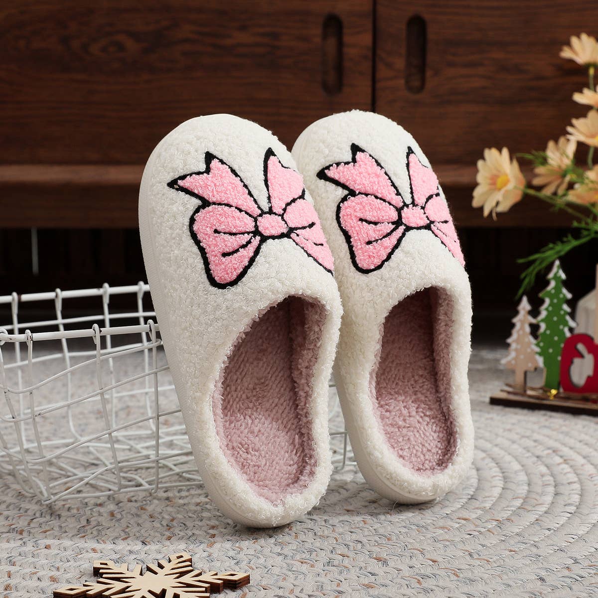 White CUTE PINK BOW COTTON SLIPPERS_CWSHS0969 for wholesale on Faire