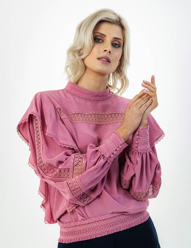 FEE G - Wholesale Blouse - Women's - Xena - Blouse With Lace and Embroidery - Pink (875/67)