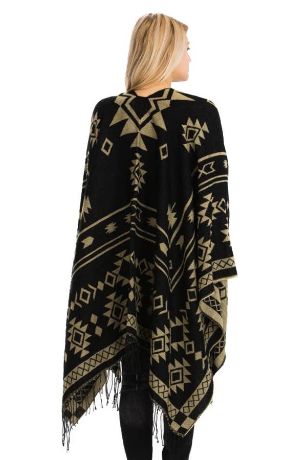 Cap Zone – Poncho - Mulher por atacado – Poncho ocidental reversível com padrão geométrico asteca2