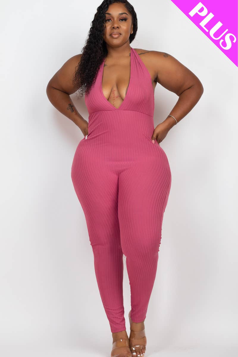 CAPELLA APPAREL - Wholesale Jumpsuit - Women's - Plus Size Halter V Neck Ribbed Bodycon Jumpsuit12