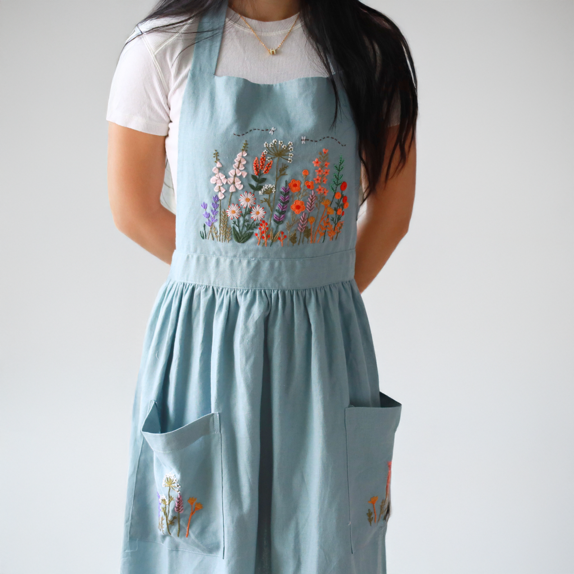 Finer Embroidery - Wholesale Apron - Hand Embroidered Blue Linen Apron7