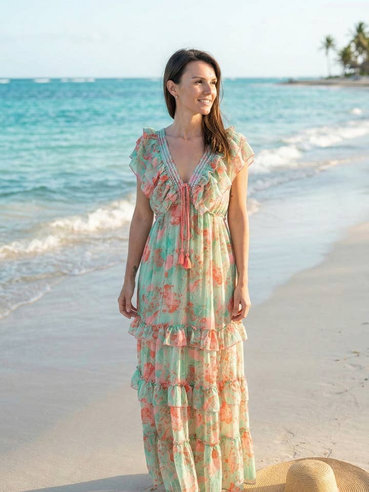 Robe imprimée Laguna à volants rose pour la vente par Lula Natura