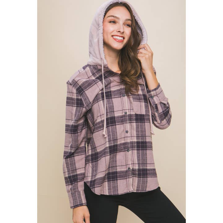Plaid Flannel Button Up Shacket with Hood for wholesale by Apolline