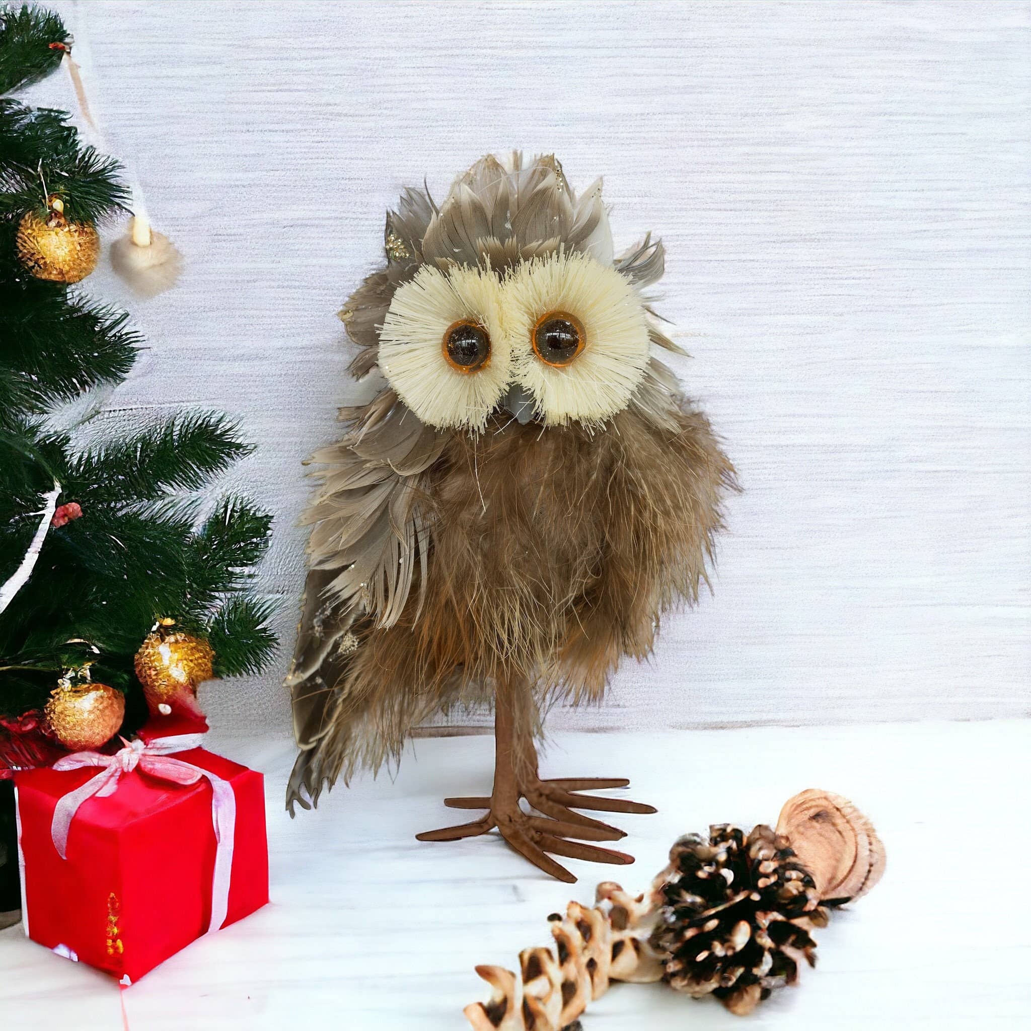 Febland – wholesale Decorative figurine – 15cm Glitter Brown Feather Owl Woodland Home Decor4