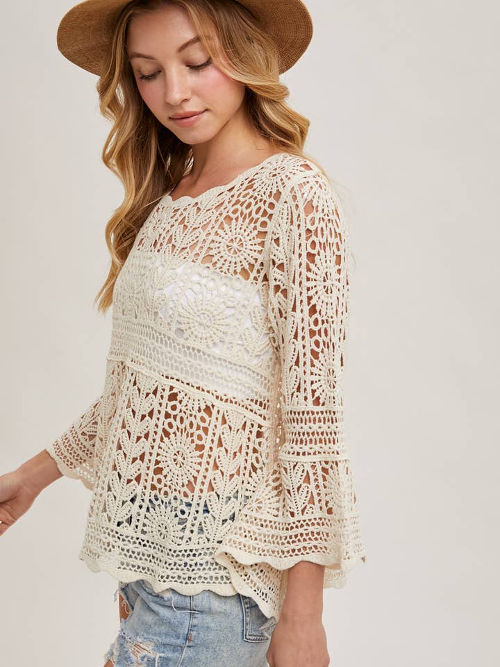 Bluivy - Wholesale Knit Top - Women's - CROCHET SHEER BELL-SLEEVE PULLOVER TOP3
