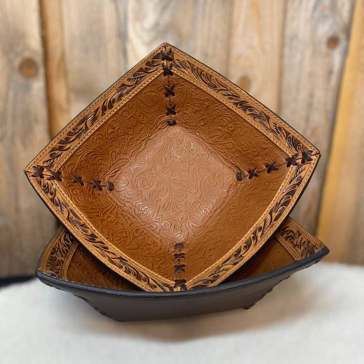 Western Linens - Wholesale Decorative Plate/Dish/Bowl - Â Tooled Leather Tan Floral Bowl Â