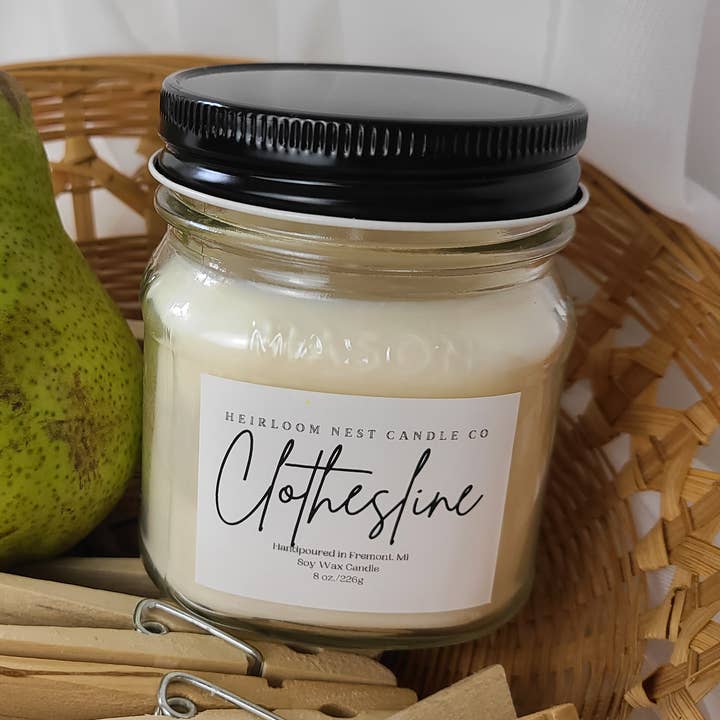 Clothesline Soy Mason Jar Candle for wholesale by Heirloom Nest Candle Co.