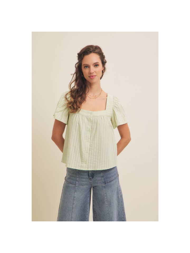 in february - Wholesale Blouse - Women's - TEXTURED FABRIC SQUARE NECK BUTTON-DOWN BLOUSE