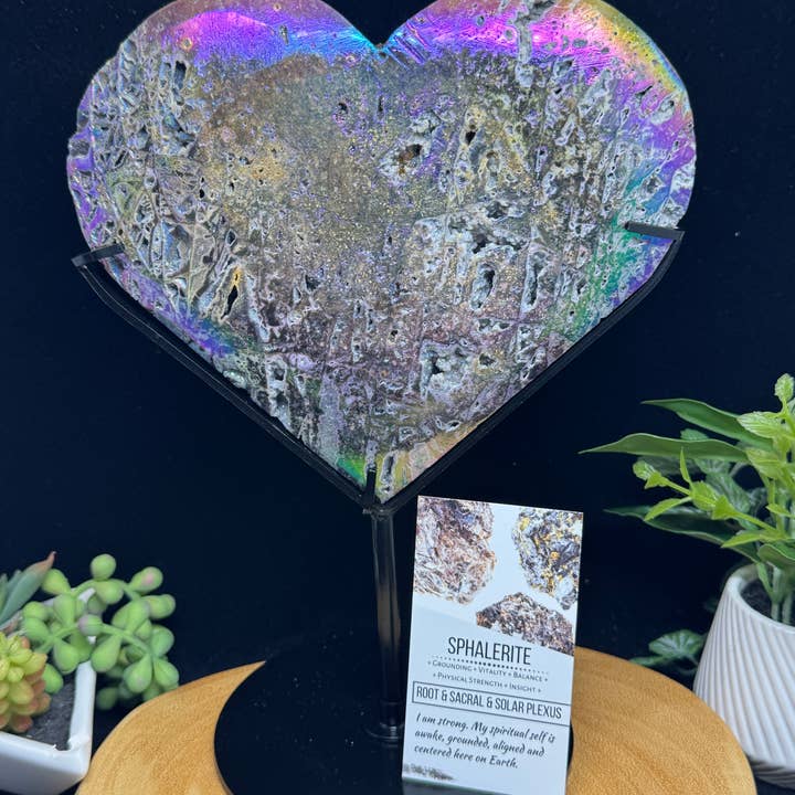 The 7 Directions - Wholesale Spiritual Stone/Crystal - 9 1/2 " Lg Angel aura sphalerite heart w/ info cards F3160