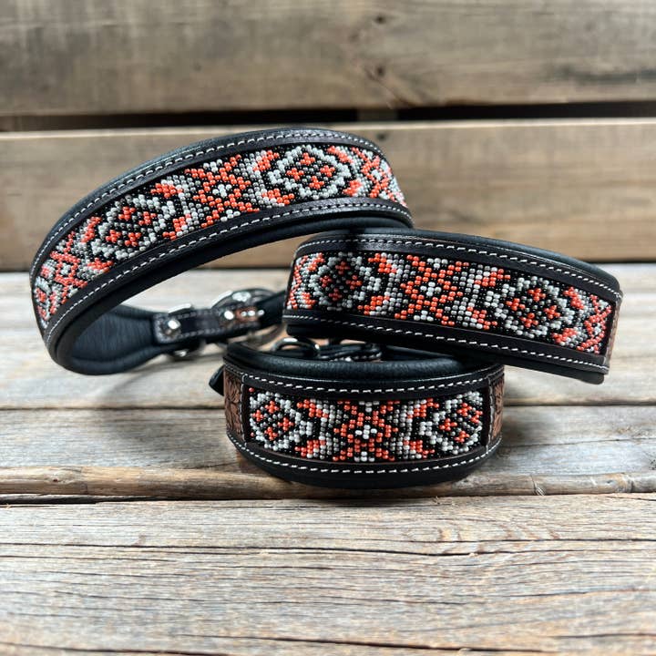 Peach and Black Genuine Leather Beaded Dog Collar #DC445 for wholesale by Rodeo Drive