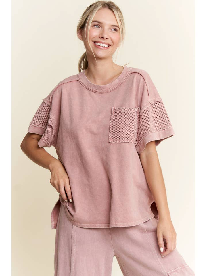 J.Her - Wholesale Blouse - Women's - MineralWash Mesh Pocket Sleeve top HT5649.